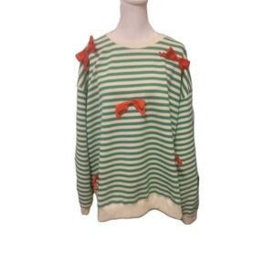 Chic Soul Green Cream Stripe W Red Bows Oversized Knit Sweater